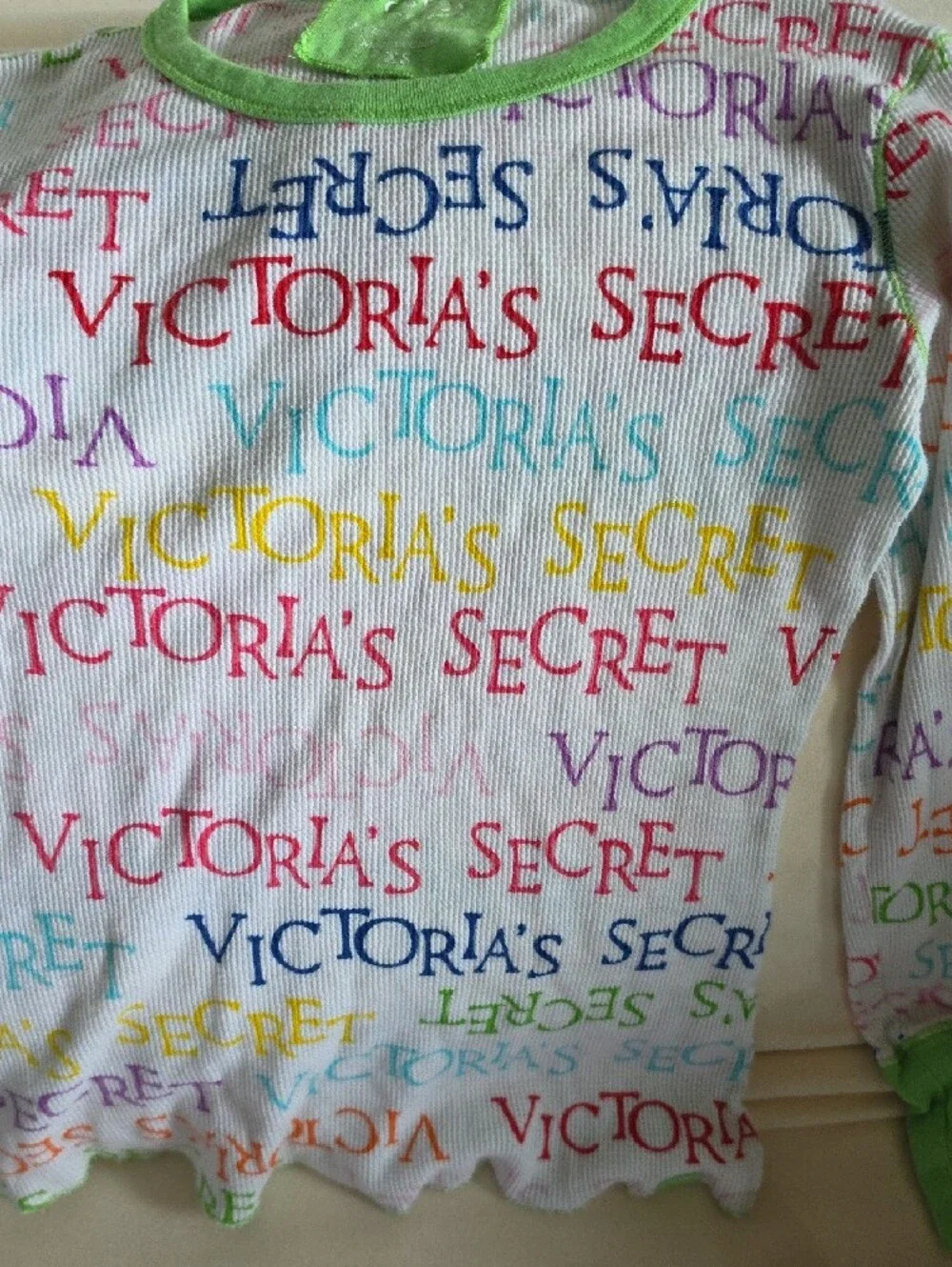Victoria's Secret White Multicolor Logo Kids Pajama Set with Green Trim